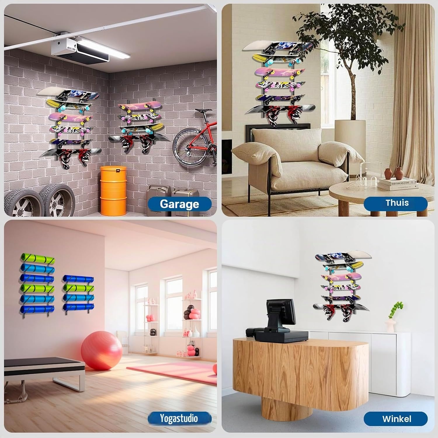 DEYOFA Skateboard Wandrek - 4 Lagen - Zwart - Ruimtebesparend Wandmontage Systeem
