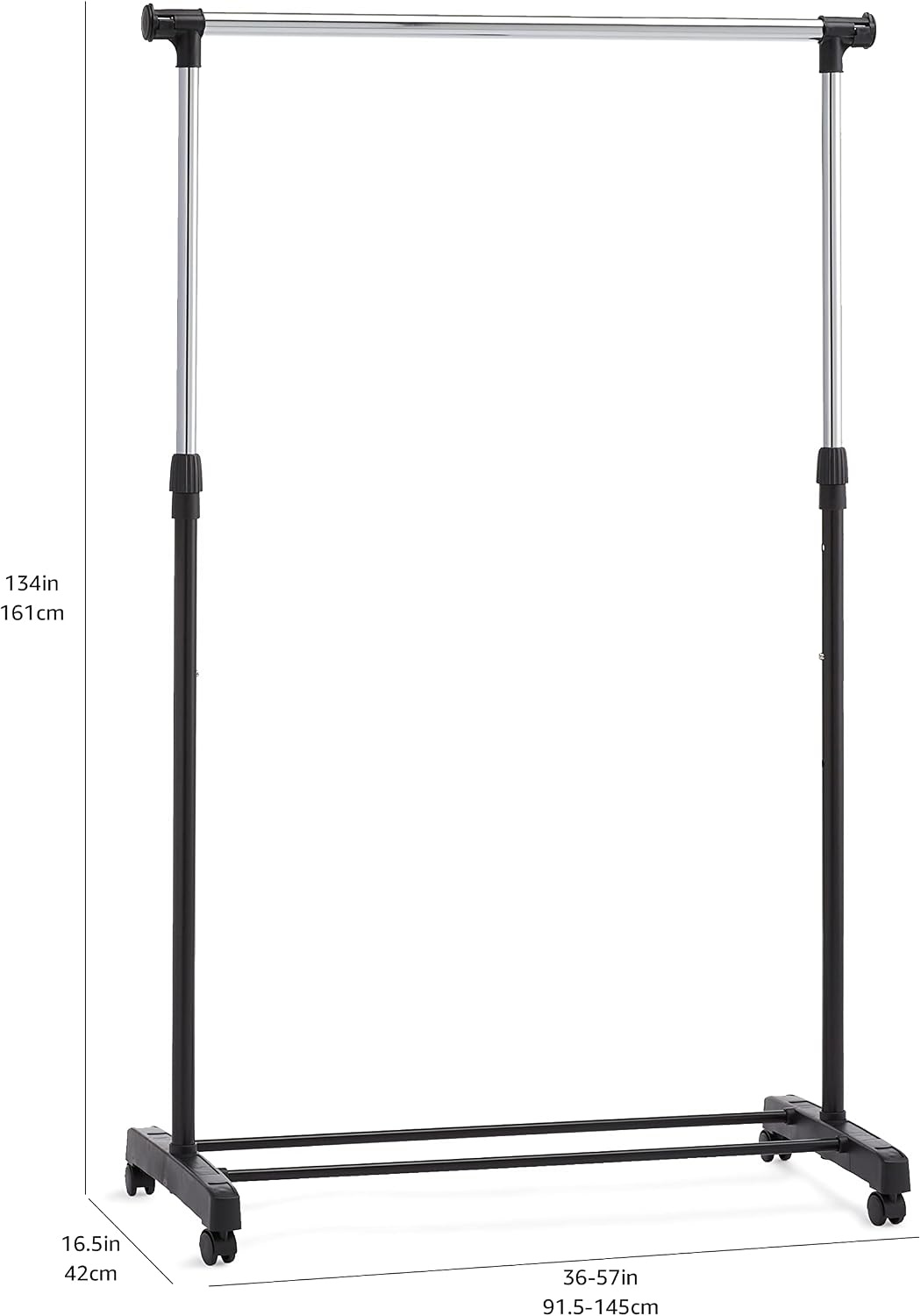 Amazon Basics Kledingrek op wielen, chroom, 91,5-145 x 42 x 134-161 cm