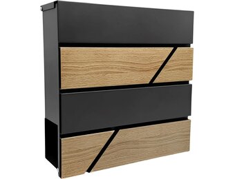 Relaxdays brievenbus, houtlook, met krantenvak, moderne wandbrievenbus, HBD: 37x37x11 cm, 4 sleutels, ijzer, antraciet