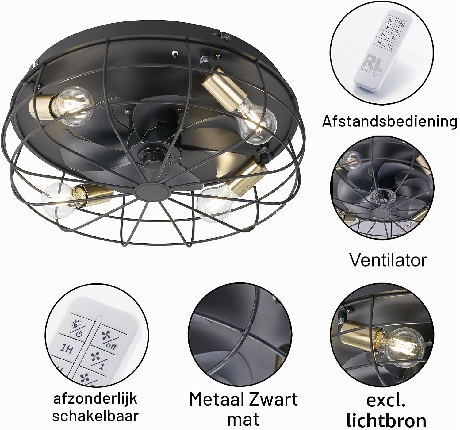 Matzwarte Plafondventilator met Lamp Ø 48 cm - 34% Korting