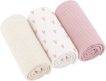 Zachte Molton Baby Doeken (3 stuks) - 100% Katoen - 60x60cm - Roze Hart - 37% Korting