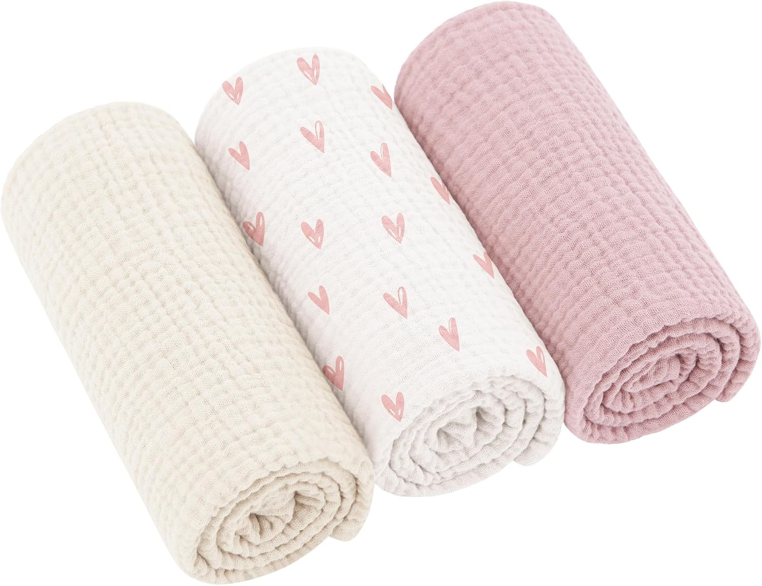 Zachte Molton Baby Doeken (3 stuks) - 100% Katoen - 60x60cm - Roze Hart - 37% Korting