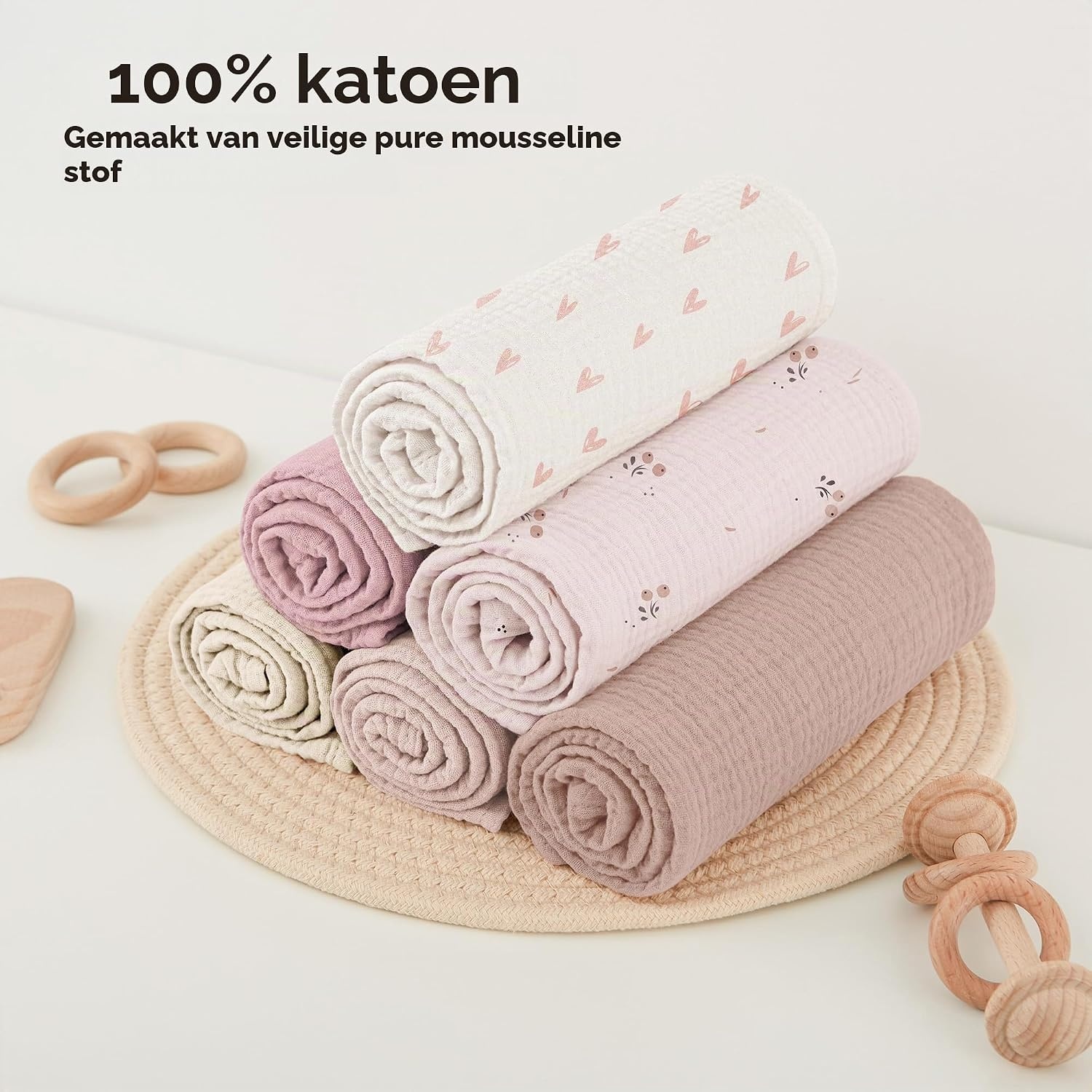 Zachte Molton Baby Doeken (3 stuks) - 100% Katoen - 60x60cm - Roze Hart - 37% Korting