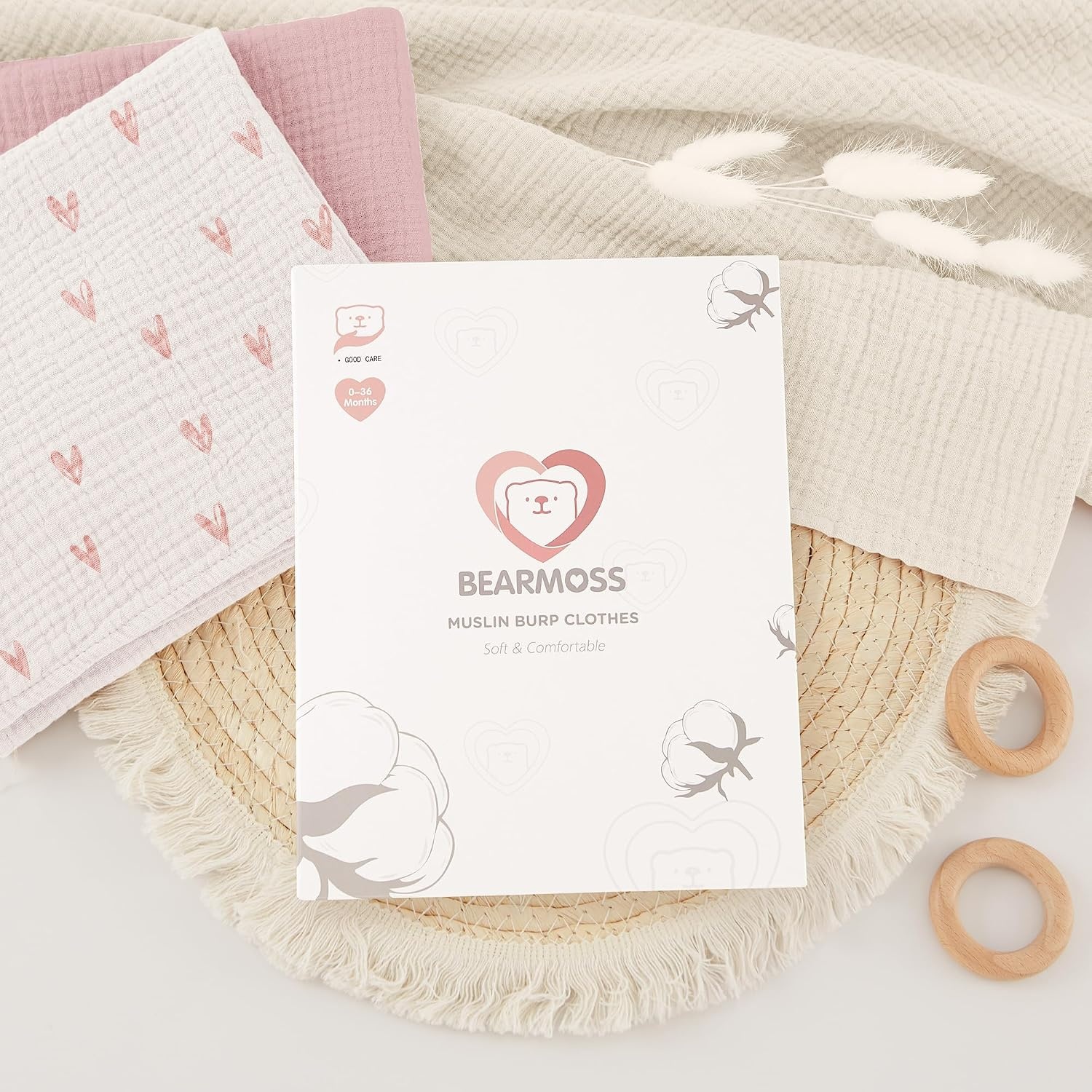 Zachte Molton Baby Doeken (3 stuks) - 100% Katoen - 60x60cm - Roze Hart - 37% Korting