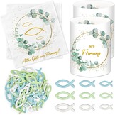 Decoratieset Vormsel Eucalyptus Groen - 20 Servetten, 12 Windlichten, 60 Houten Vissen - 37% Korting