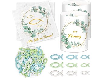 Decoratieset Vormsel Eucalyptus Groen - 20 Servetten, 12 Windlichten, 60 Houten Vissen - 37% Korting