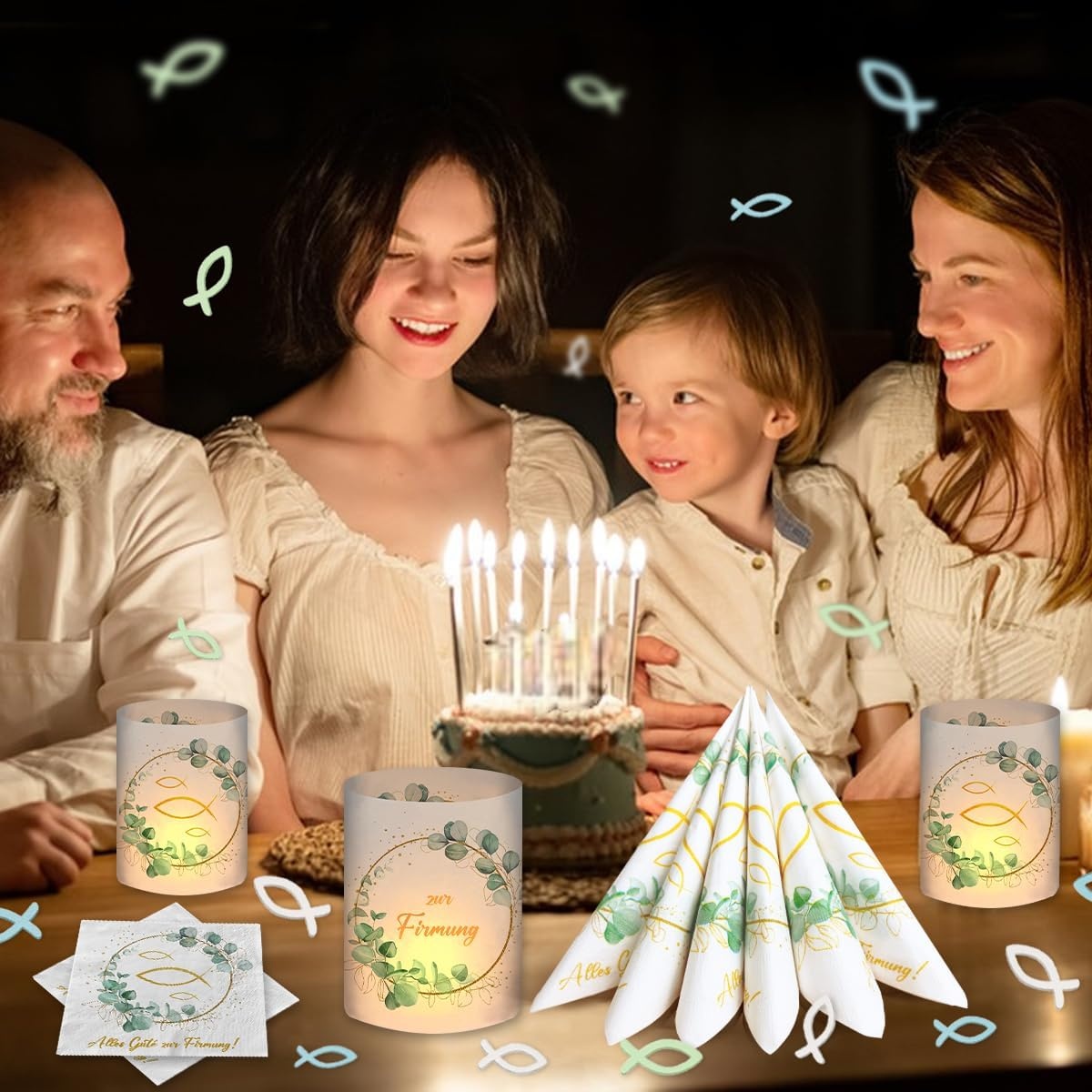 Decoratieset Vormsel Eucalyptus Groen - 20 Servetten, 12 Windlichten, 60 Houten Vissen - 37% Korting