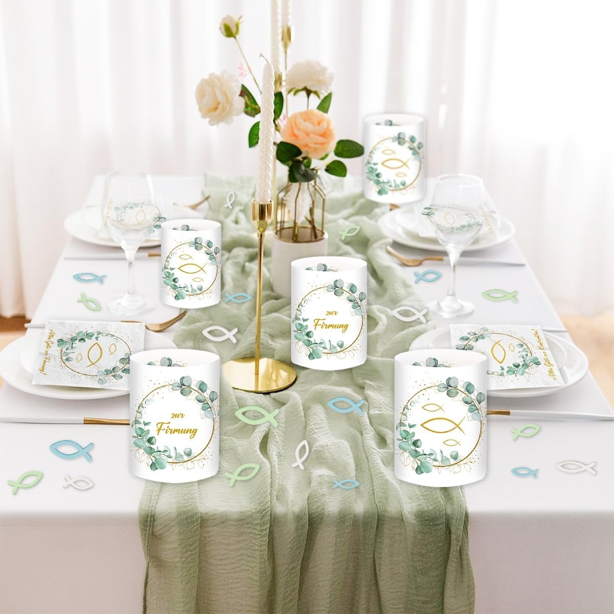 Decoratieset Vormsel Eucalyptus Groen - 20 Servetten, 12 Windlichten, 60 Houten Vissen - 37% Korting