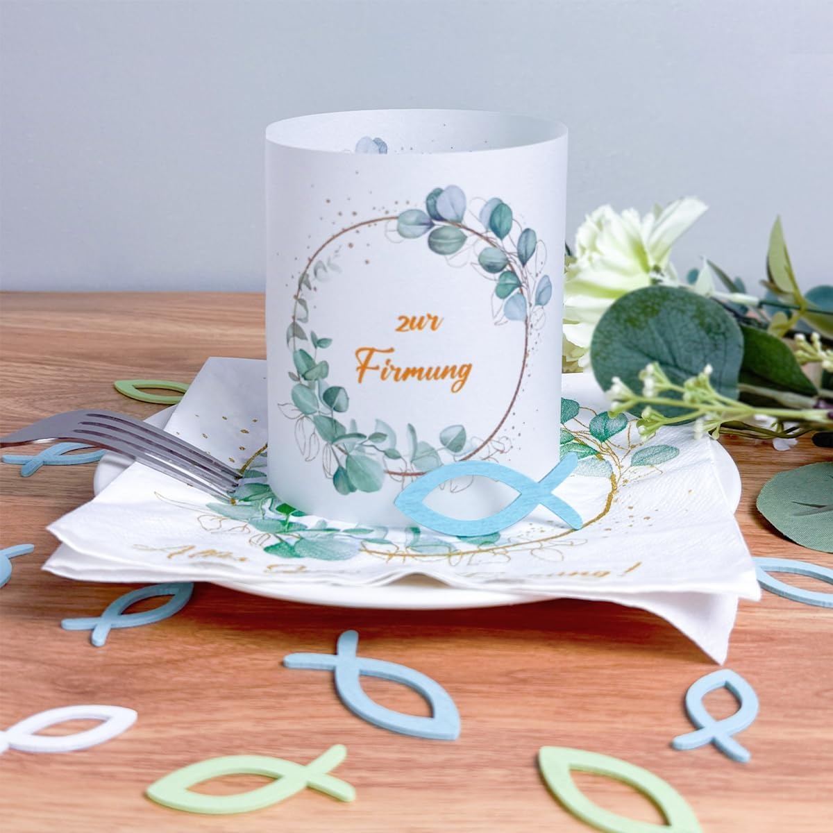Decoratieset Vormsel Eucalyptus Groen - 20 Servetten, 12 Windlichten, 60 Houten Vissen - 37% Korting
