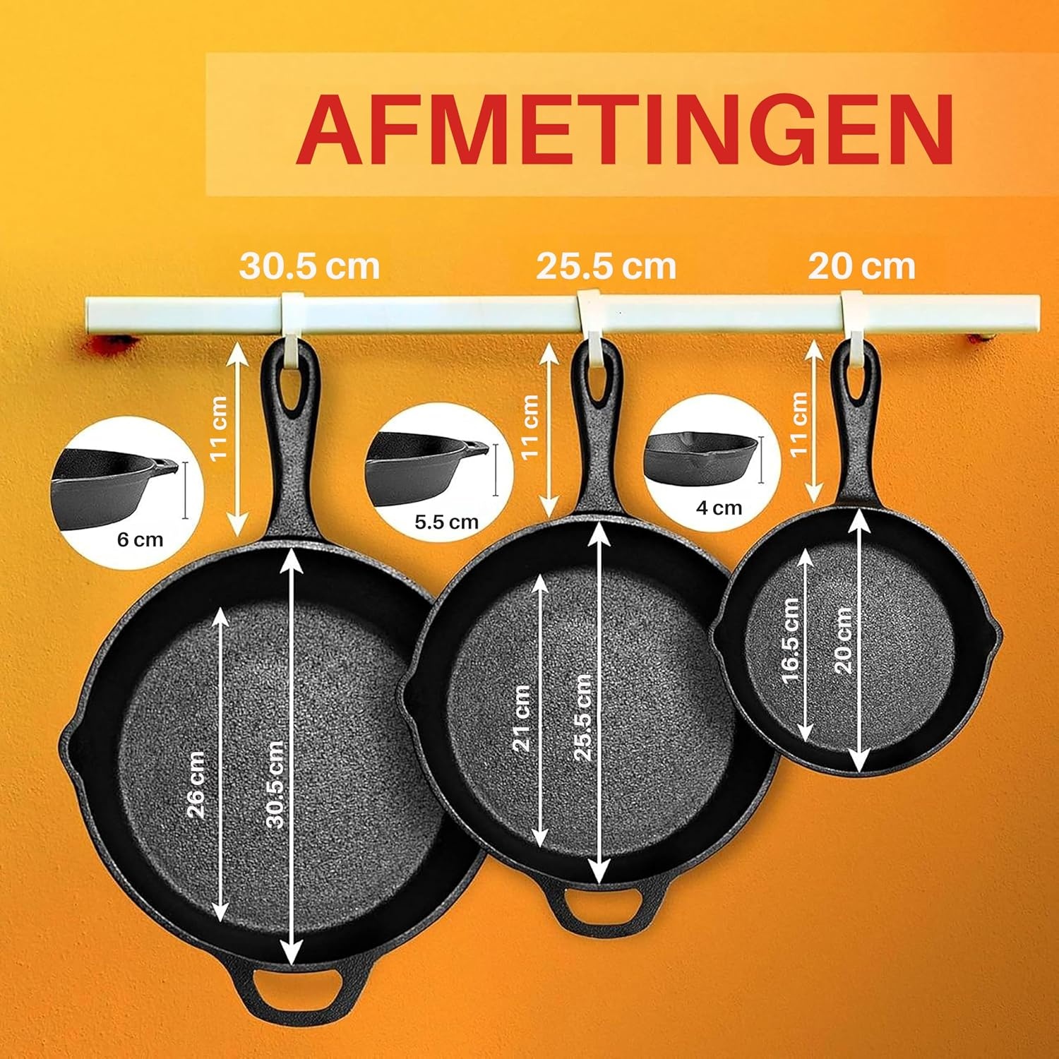 3-delige Gietijzeren Koekenpannen Set (20/25/30cm) - 34% Korting