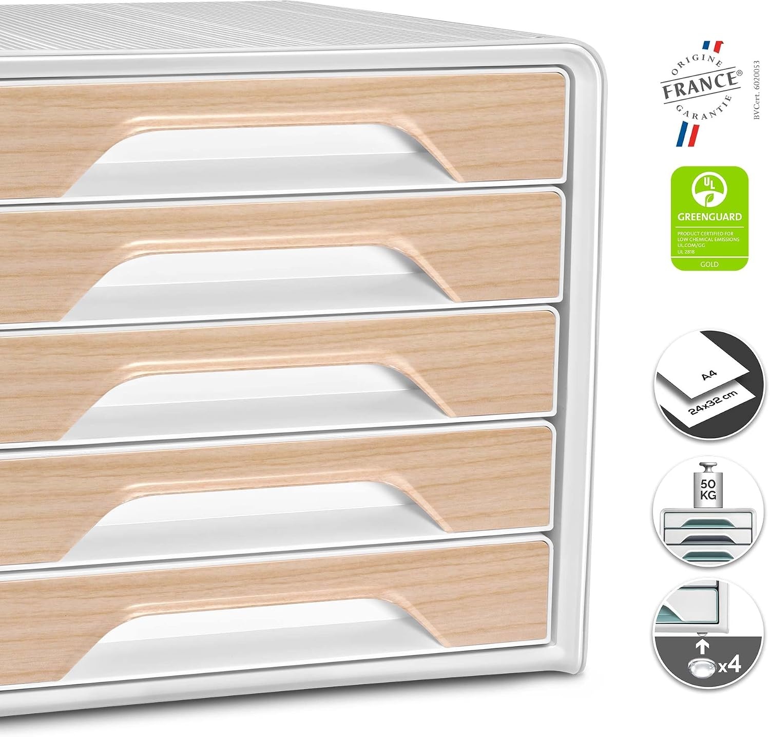 Ladeblok bureau Smoove Silva, Wit/Beukenhout, 5 Laden, 34% Korting