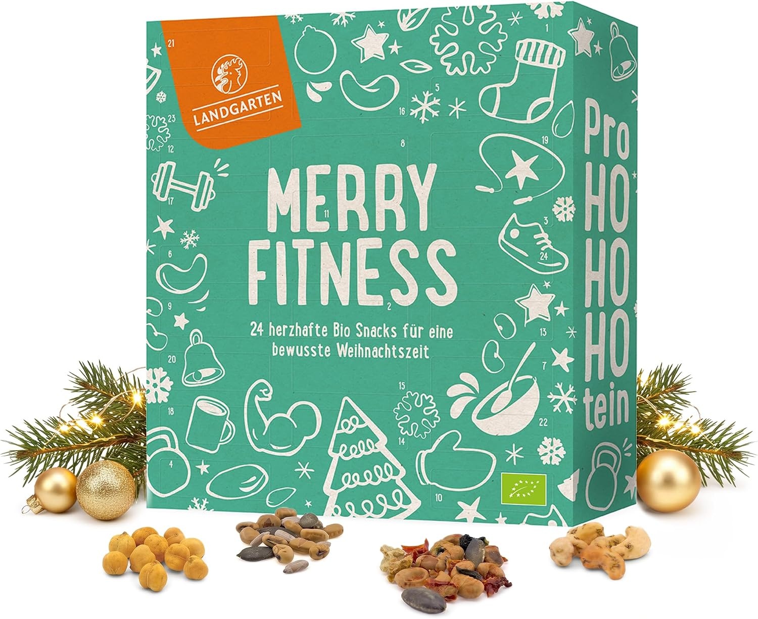 Adventskalender Fitness Hartige Snacks 2026 - 24 Gezonde Glutenvrije Tussendoortjes | 33% Korting | Mint Groen M