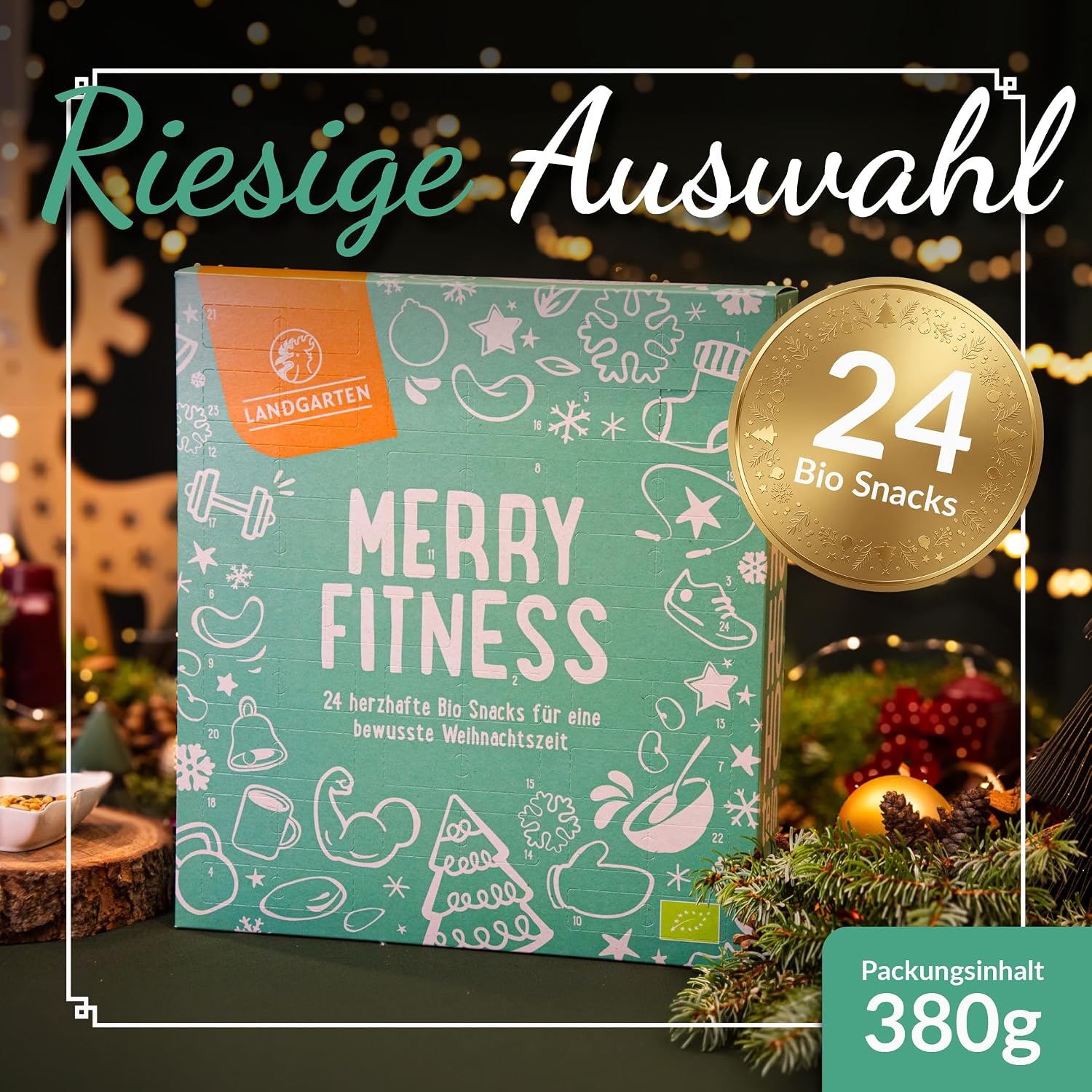 Adventskalender Fitness Hartige Snacks 2026 - 24 Gezonde Glutenvrije Tussendoortjes | 33% Korting | Mint Groen M
