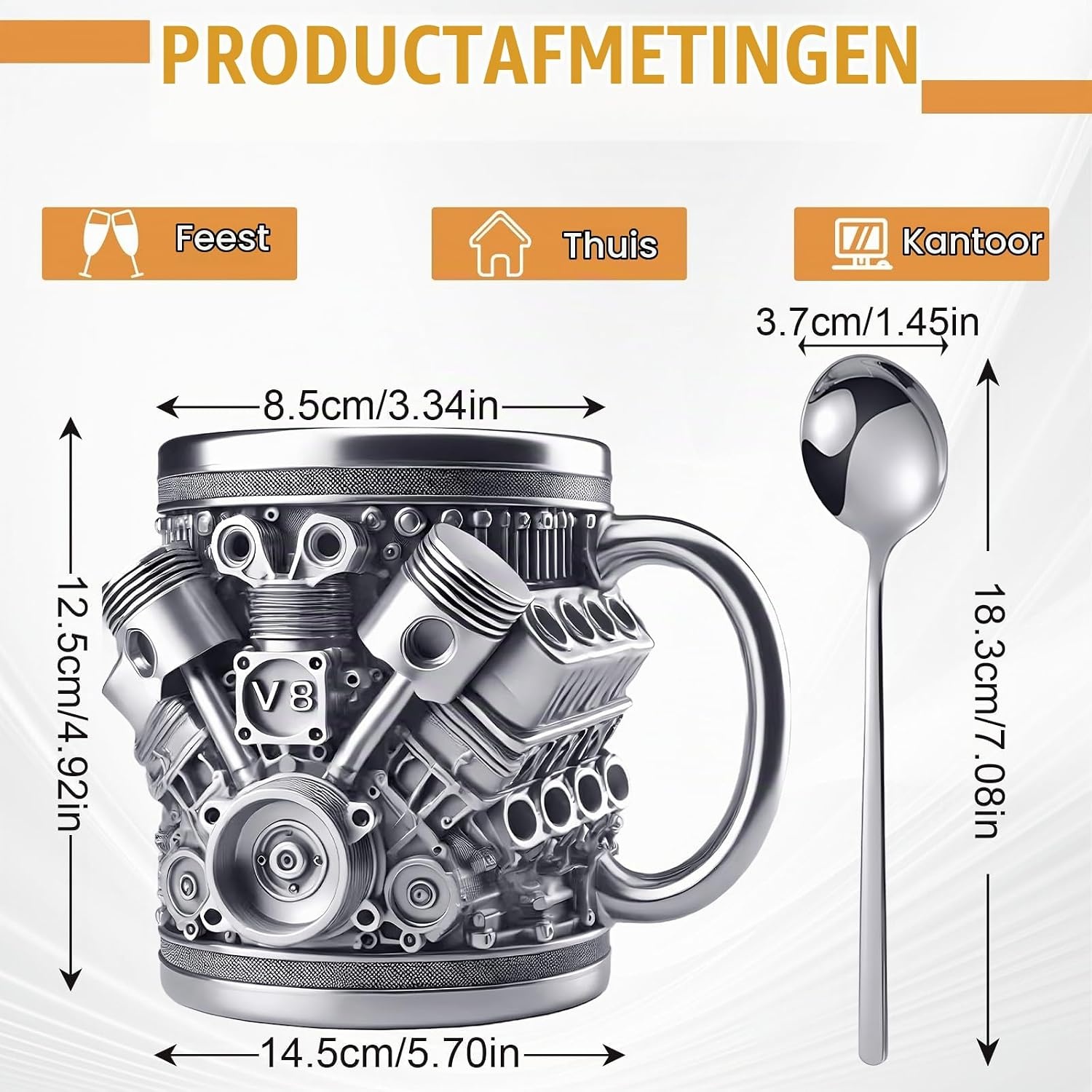 V8 Motor Koffiebeker 300ml - Zilver (50% Korting)