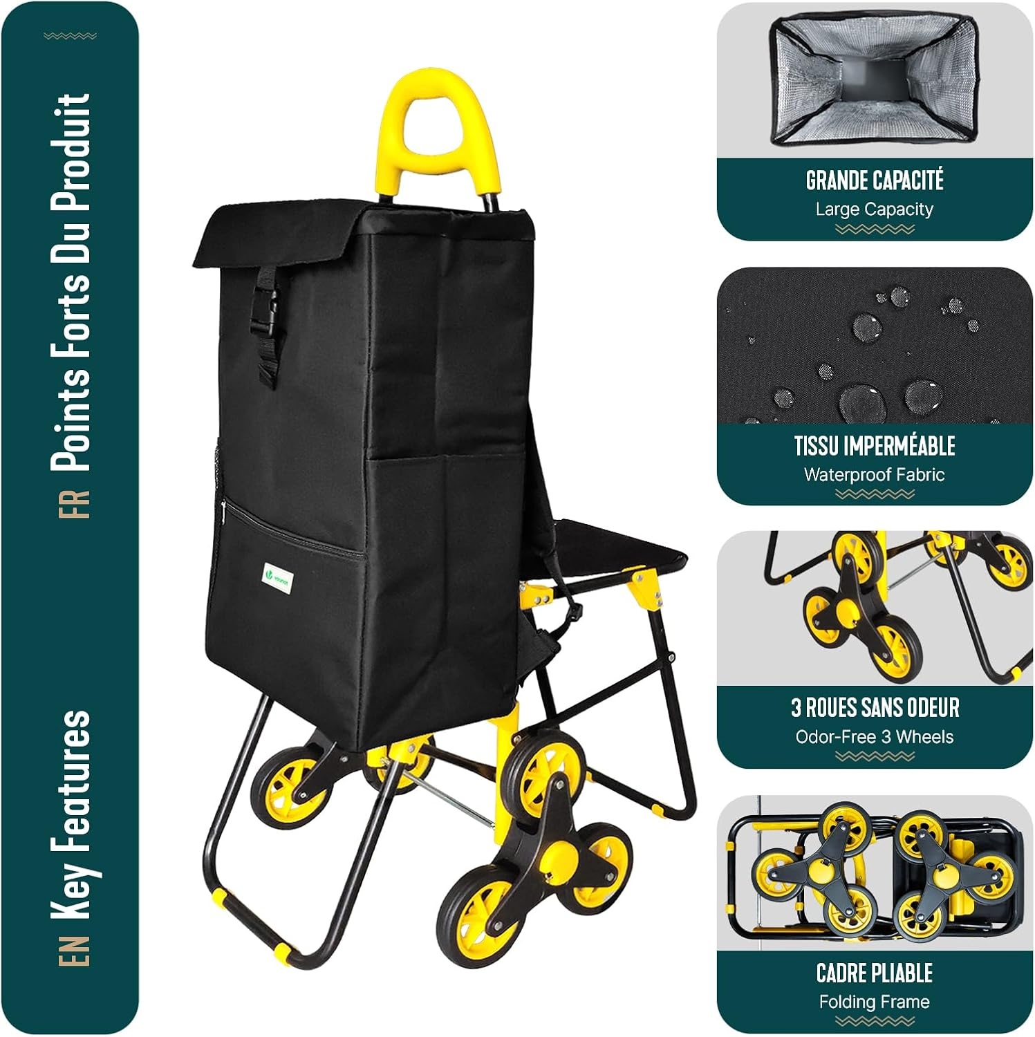 VOUNOT Boodschappentrolley met 6 Wielen, 32L, Zwart - 32% Korting!