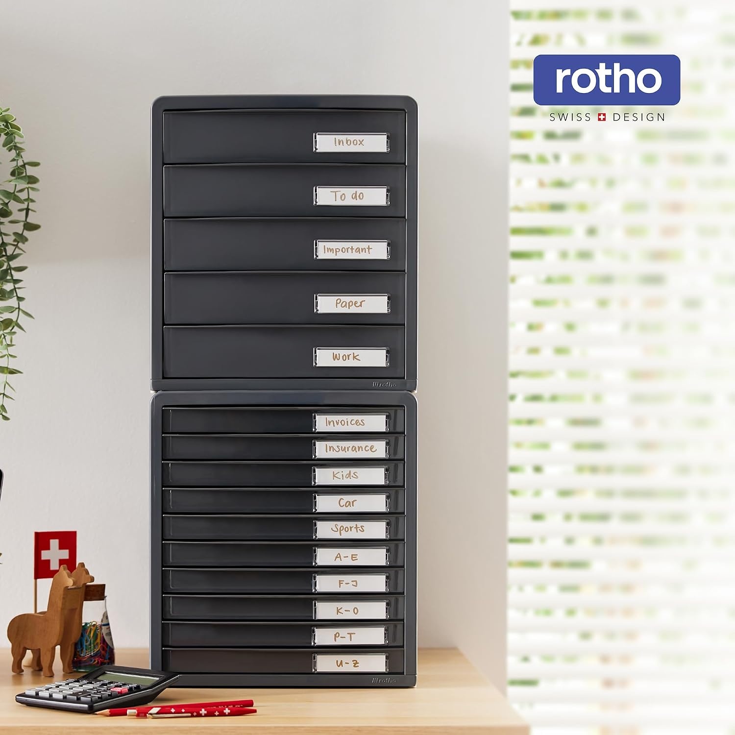 Rotho Timeless Ladebox / kantoorbox met 10 lades, Kunststof (PS) BPA-vrij, antraciet, (34.5 x 29.0 x 32.0 cm)