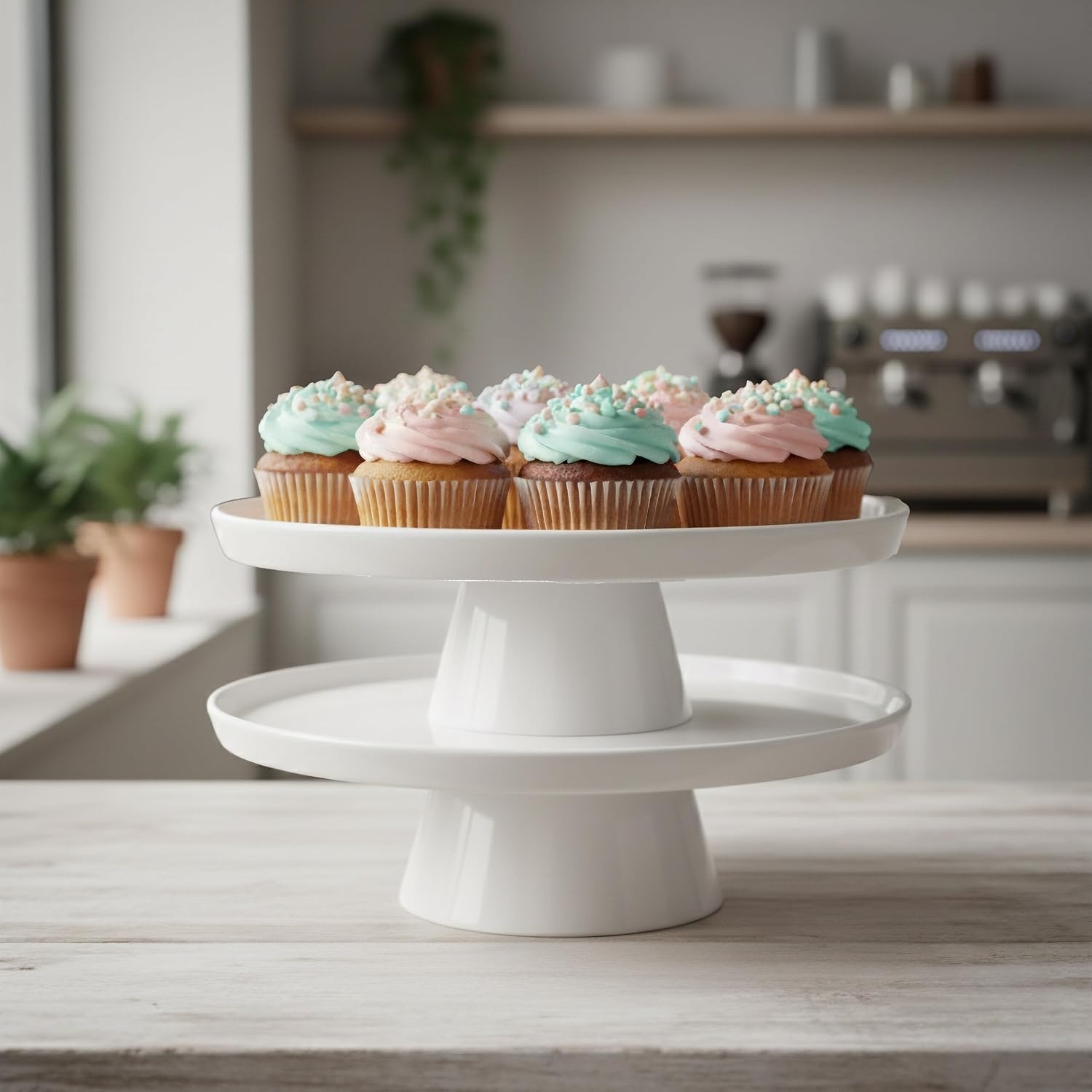 Relaxdays taartplateau met voet, keramiek, rond, wit, 10 x 32 cm, serveerschaal voor taarten
