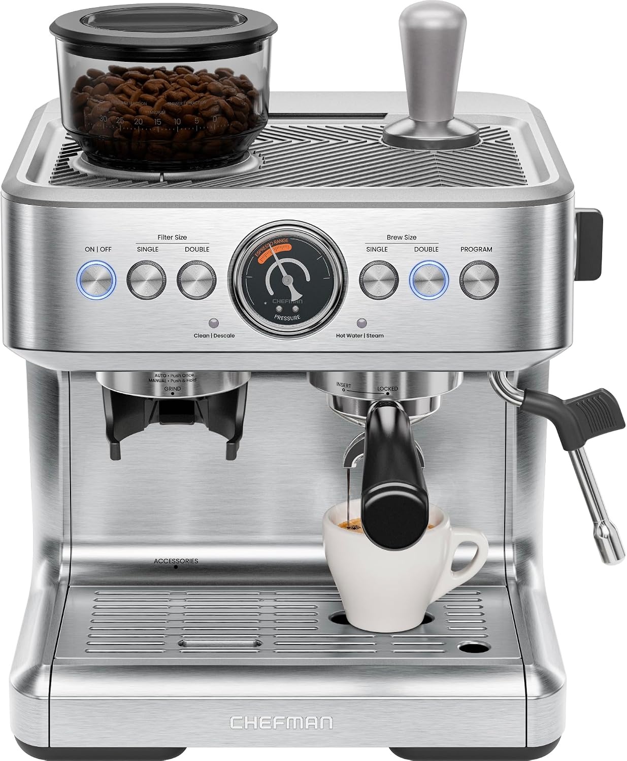 Chefman Crema Supreme Espressomachine met Geïntegreerde Molen - RVS