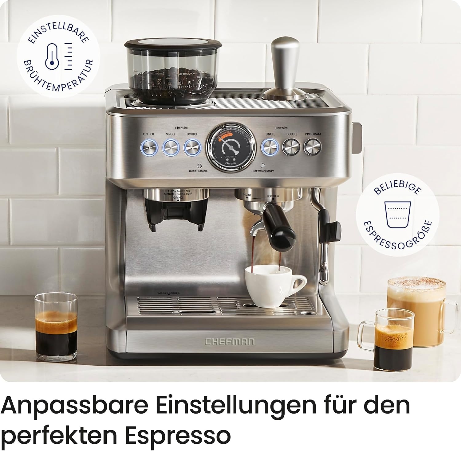 Chefman Crema Supreme Espressomachine met Geïntegreerde Molen - RVS
