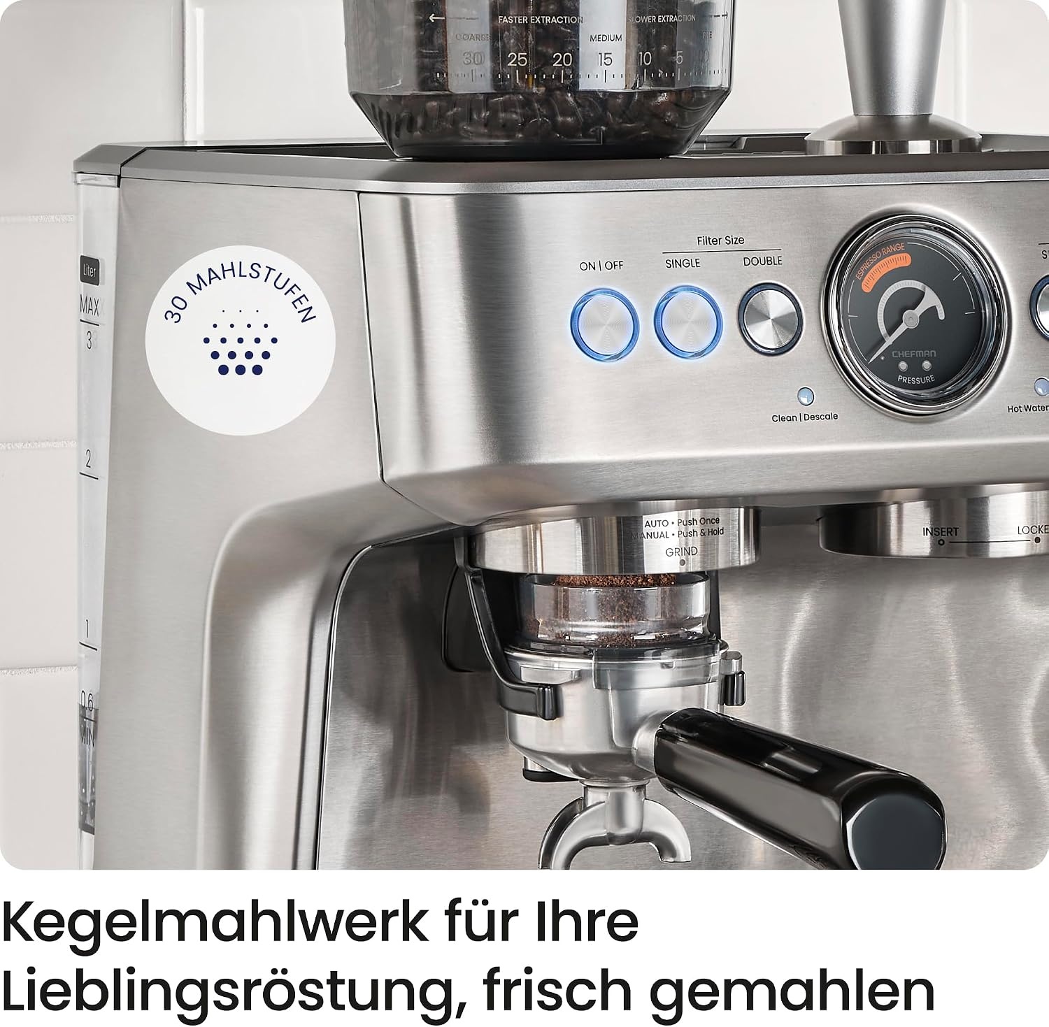 Chefman Crema Supreme Espressomachine met Geïntegreerde Molen - RVS