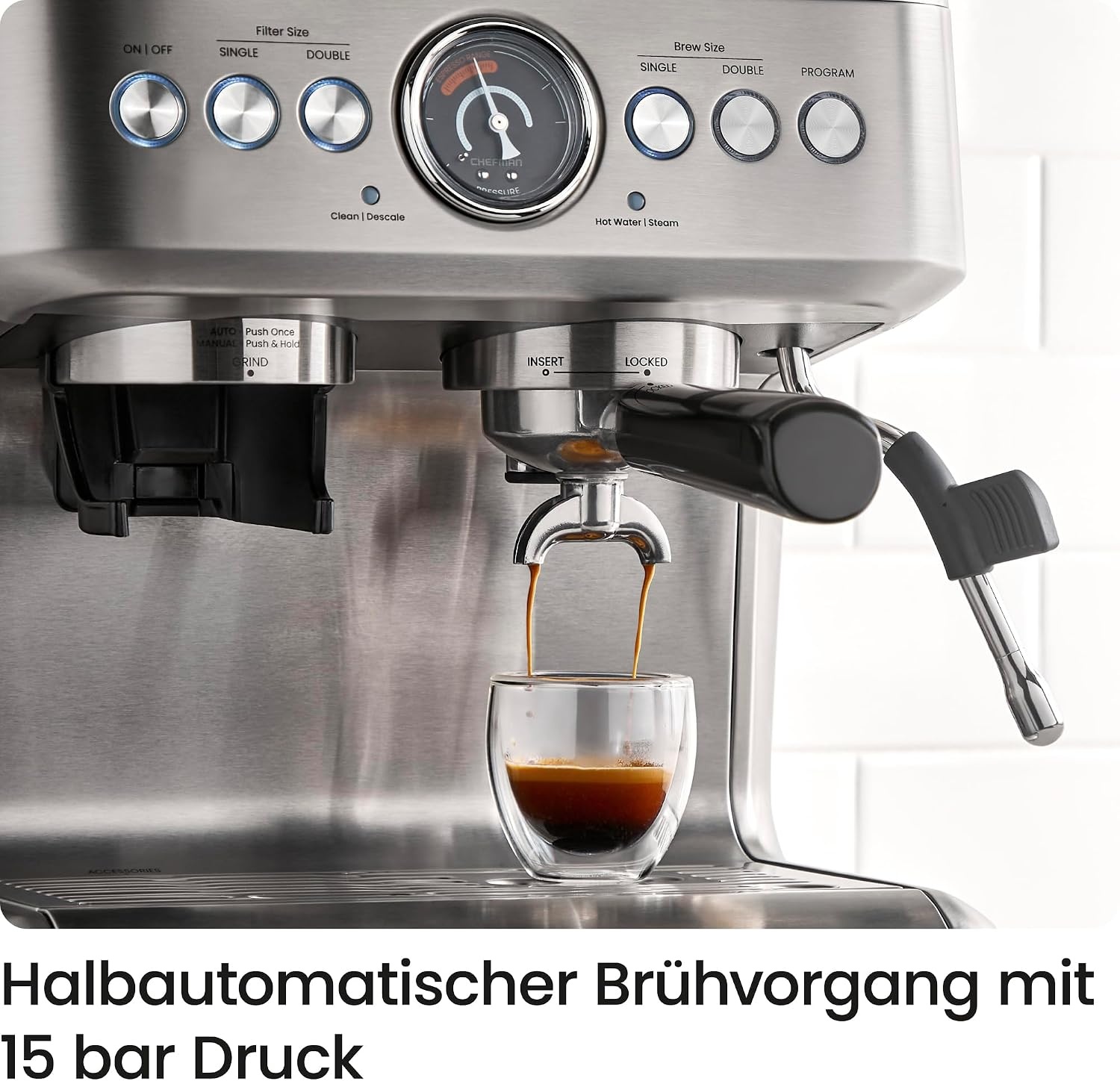 Chefman Crema Supreme Espressomachine met Geïntegreerde Molen - RVS
