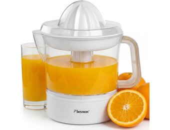 Bestron Elektrische citrus- en sinaasappelpers, incl. 2 perskegels en aromadeksel, motor met twee draairichtingen (links/rechts), inhoud: 0,7 liter, Nordic Home collectie, kleur: matwit/hout