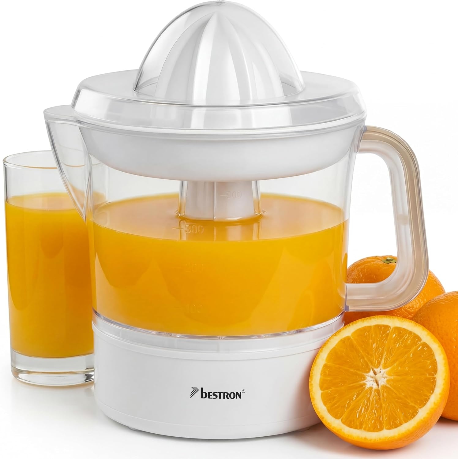 Bestron Elektrische citrus- en sinaasappelpers, incl. 2 perskegels en aromadeksel, motor met twee draairichtingen (links/rechts), inhoud: 0,7 liter, Nordic Home collectie, kleur: matwit/hout