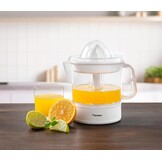 Bestron Elektrische citrus- en sinaasappelpers, incl. 2 perskegels en aromadeksel, motor met twee draairichtingen (links/rechts), inhoud: 0,7 liter, Nordic Home collectie, kleur: matwit/hout