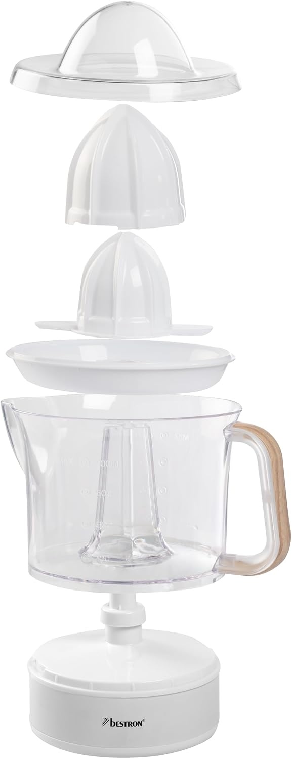 Bestron Elektrische citrus- en sinaasappelpers, incl. 2 perskegels en aromadeksel, motor met twee draairichtingen (links/rechts), inhoud: 0,7 liter, Nordic Home collectie, kleur: matwit/hout