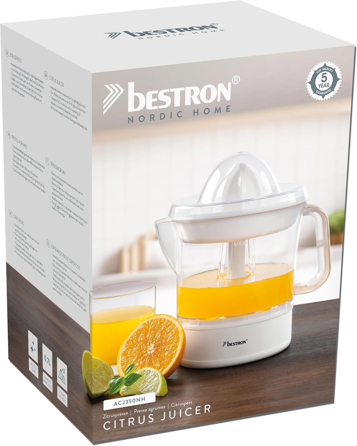 Bestron Elektrische citrus- en sinaasappelpers, incl. 2 perskegels en aromadeksel, motor met twee draairichtingen (links/rechts), inhoud: 0,7 liter, Nordic Home collectie, kleur: matwit/hout