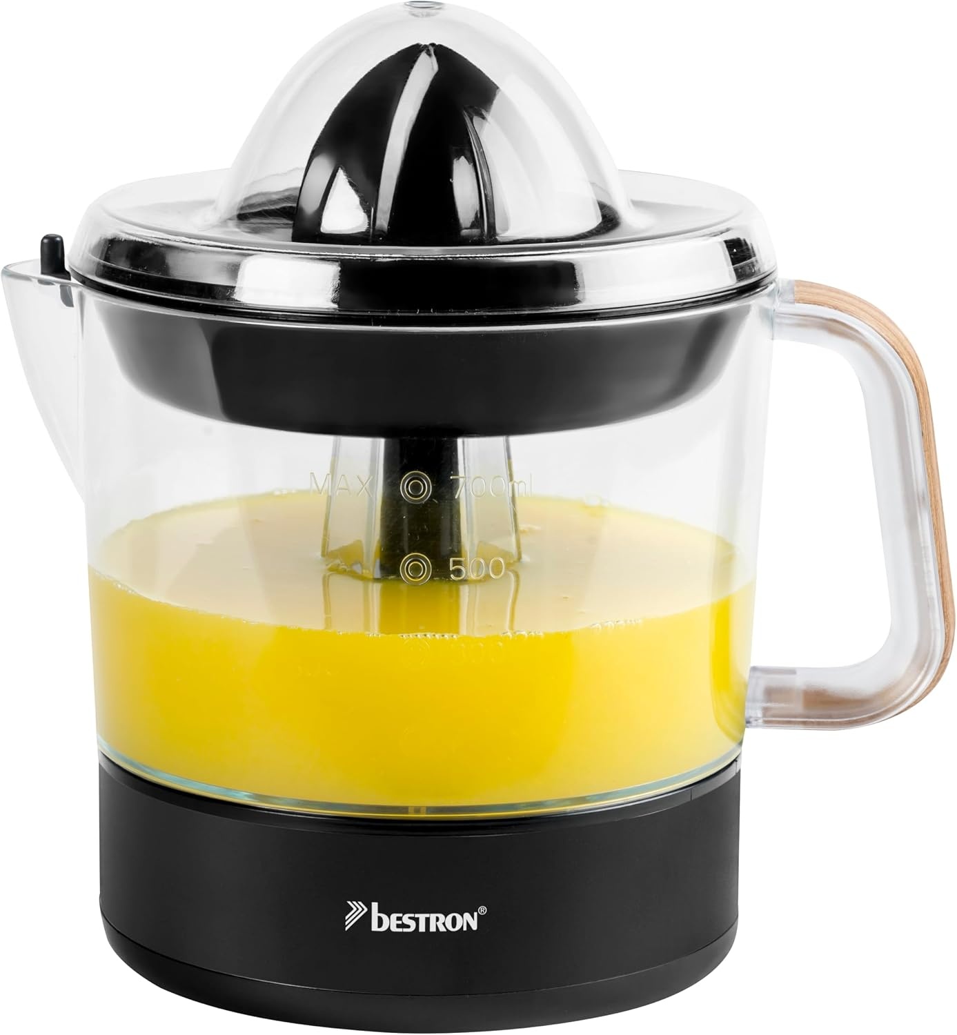 Bestron Elektrische citrus- en sinaasappelpers, incl. 2 perskegels en aromadeksel, motor met twee draairichtingen (links/rechts), inhoud: 0,7 liter, Nordic Home collectie, kleur: matwit/hout