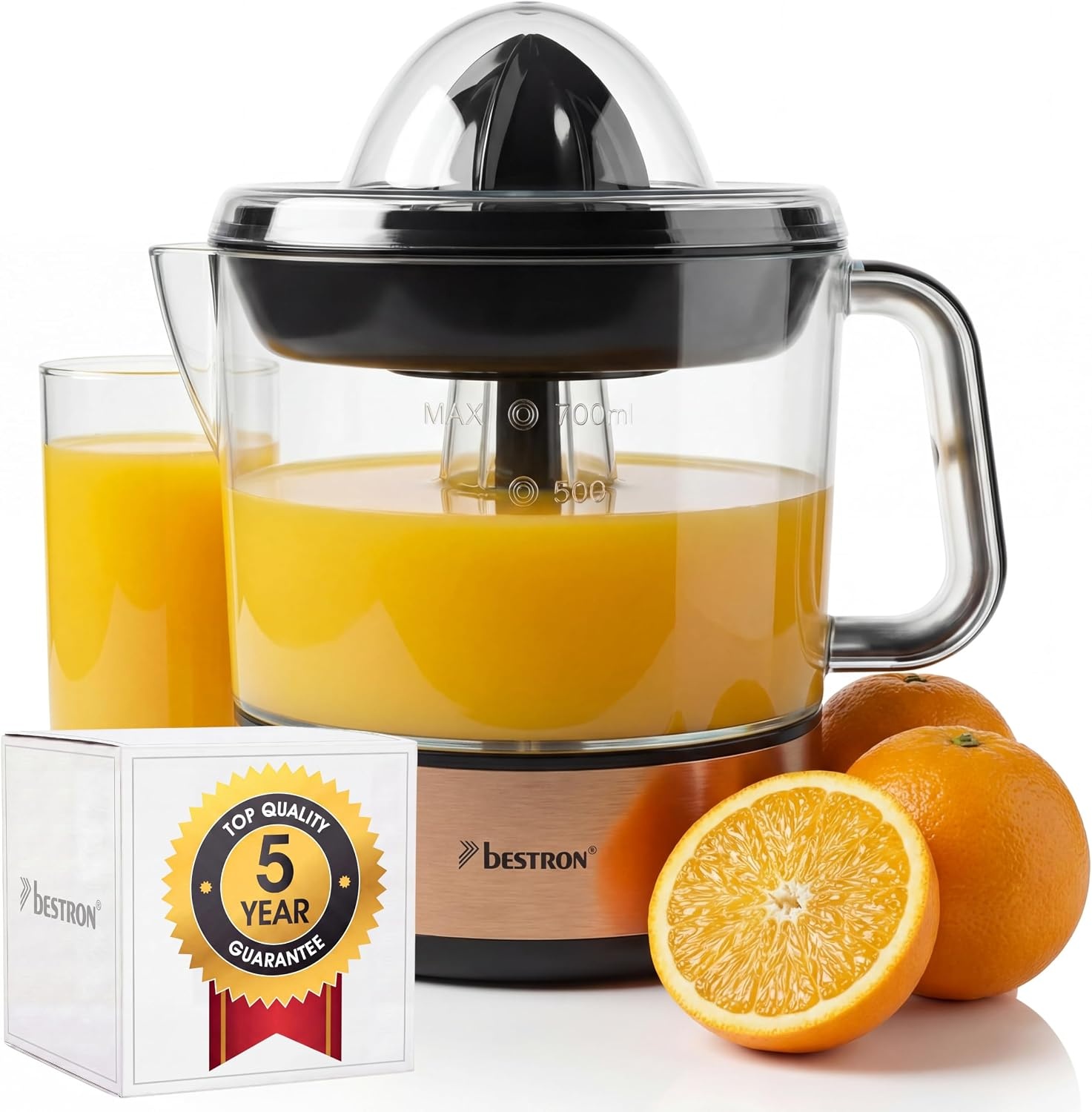Bestron Elektrische citrus- en sinaasappelpers, incl. 2 perskegels en aromadeksel, motor met twee draairichtingen (links/rechts), inhoud: 0,7 liter, Nordic Home collectie, kleur: matwit/hout