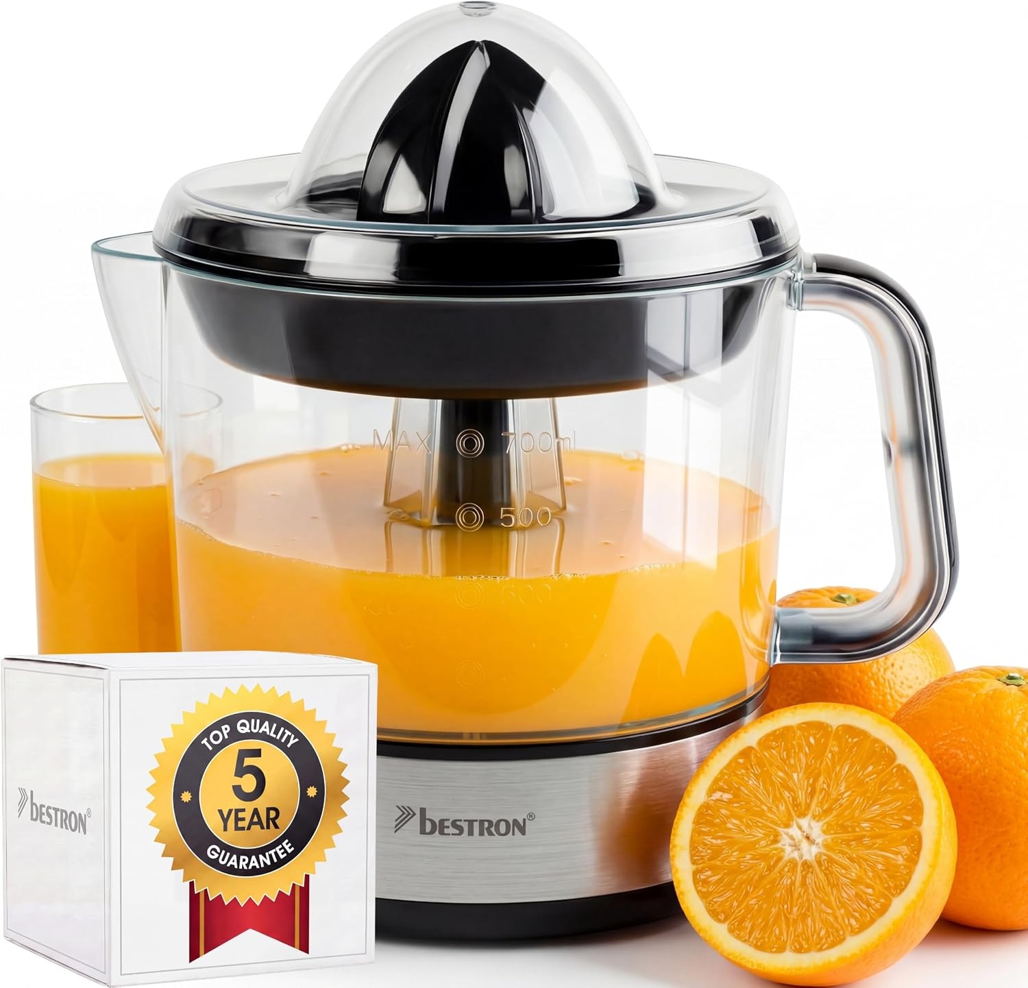 Bestron Elektrische citrus- en sinaasappelpers, incl. 2 perskegels en aromadeksel, motor met twee draairichtingen (links/rechts), inhoud: 0,7 liter, Nordic Home collectie, kleur: matwit/hout