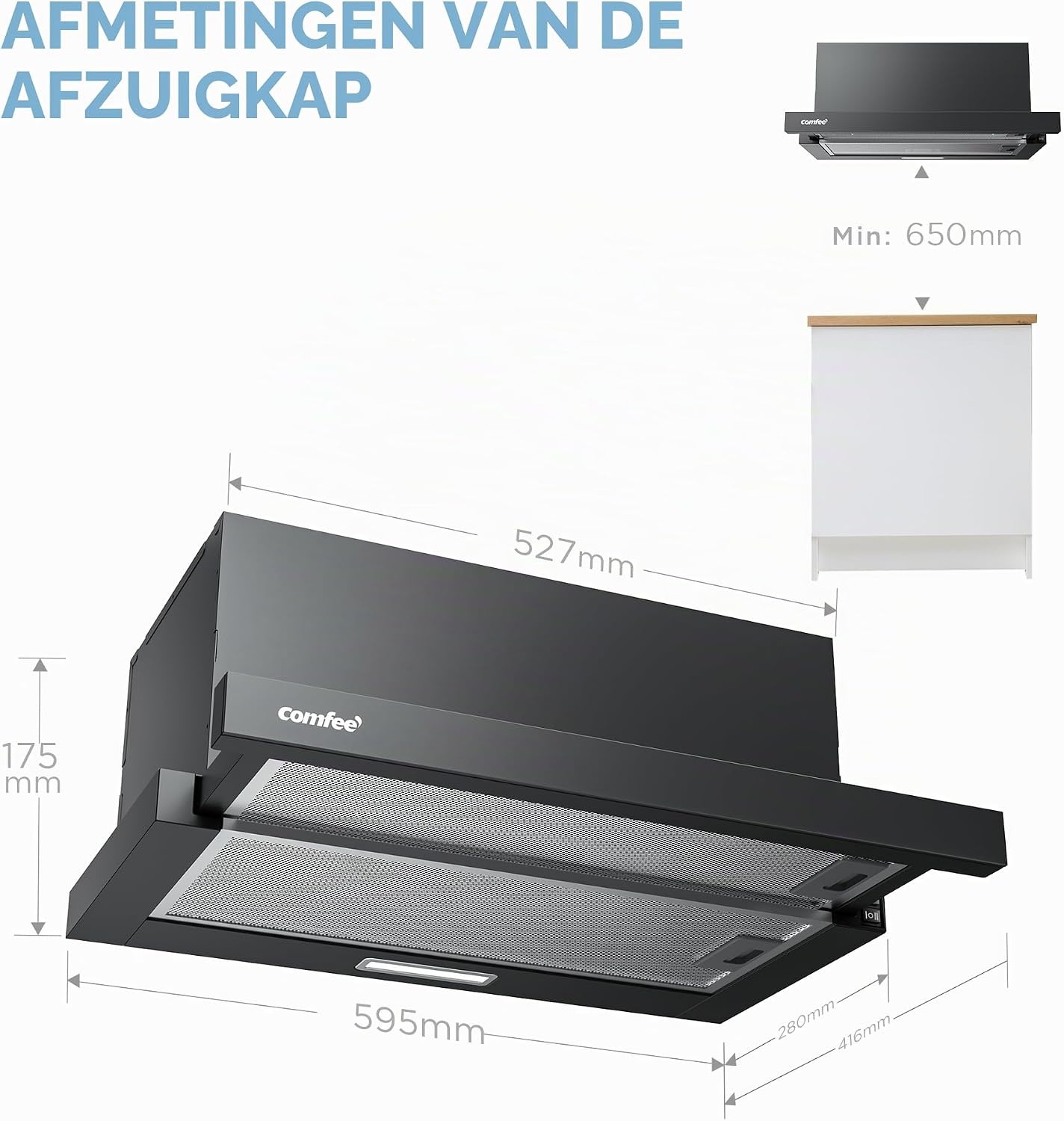 COMFEE CHL03M21B Platte afzuigkap, 60 cm circulatie, luchtstroom, 400 m³/uur, afzuigkap, inbouw, platte afzuigkap, zwart