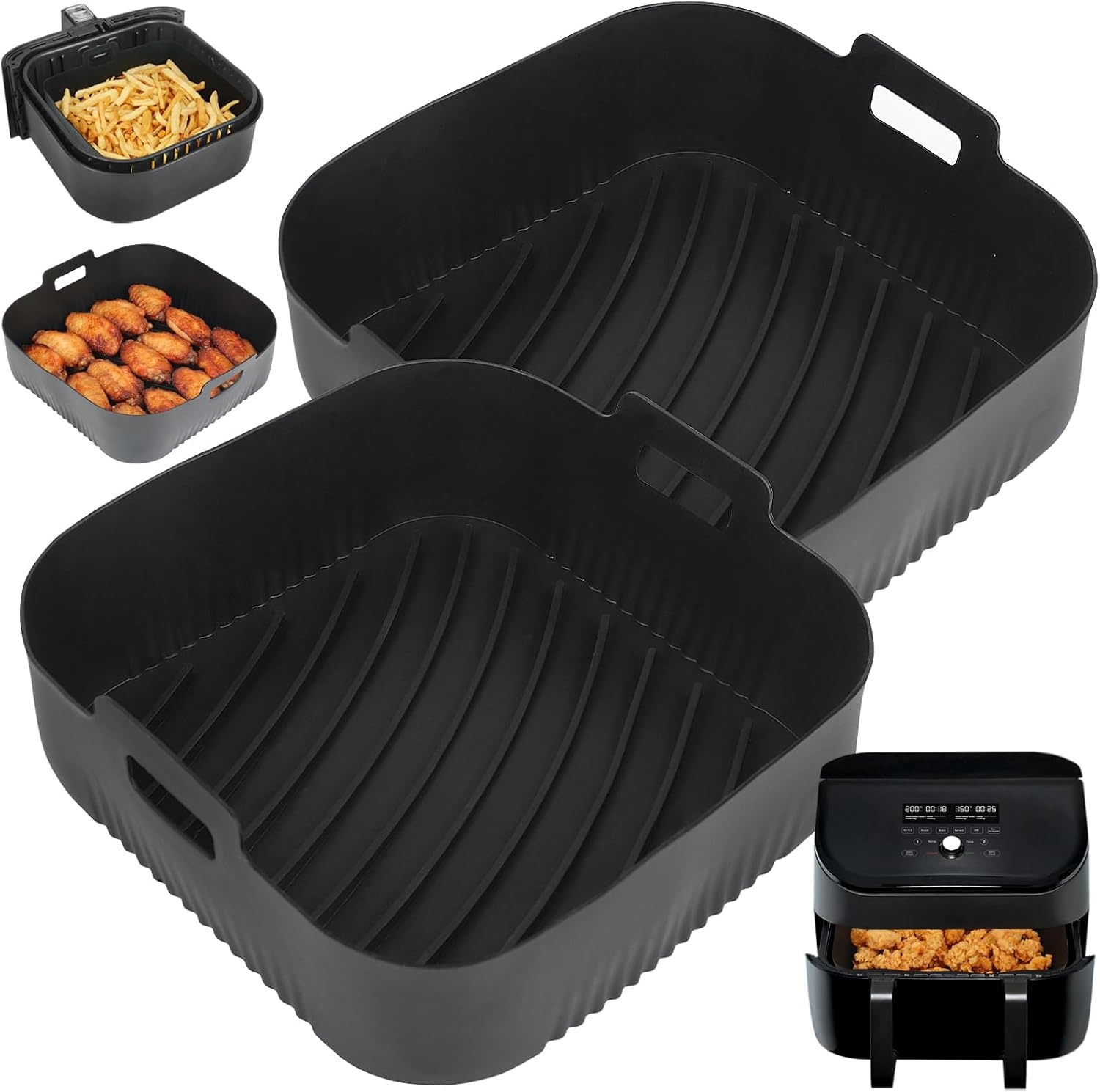 GINOYA 2 stks Grote Air Fryer Liners, 20,5 cm XXL Siliconen Vierkante Air Fryer Accessoires voor voor Vortex Plus 8.5L, LLIVEKIT 7L Air Fryer (buiten: 23cm)