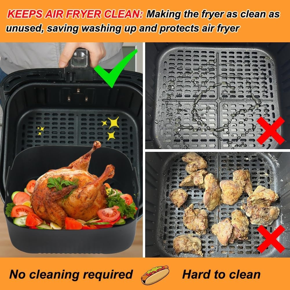GINOYA 2 stks Grote Air Fryer Liners, 20,5 cm XXL Siliconen Vierkante Air Fryer Accessoires voor voor Vortex Plus 8.5L, LLIVEKIT 7L Air Fryer (buiten: 23cm)