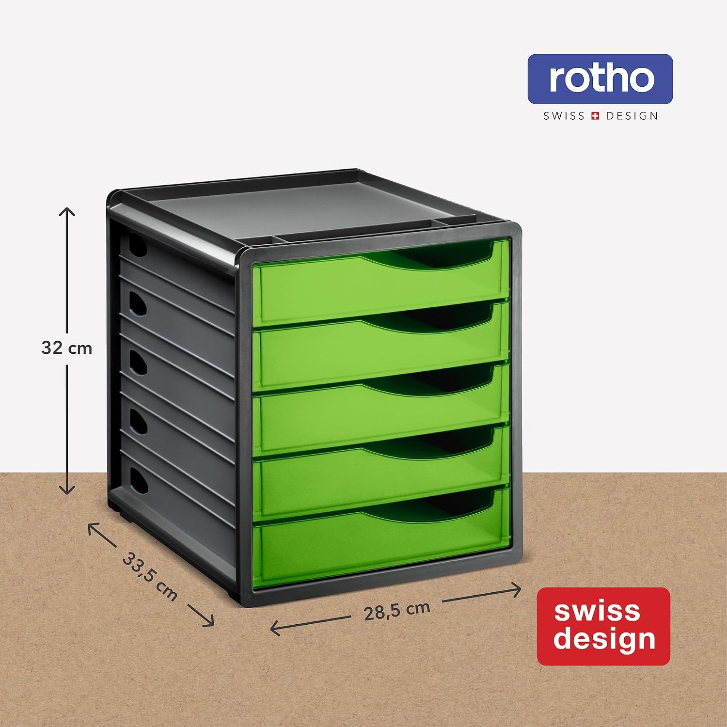 Rotho, Spacemaker, Ladebox / kantoorbox met 5 lades, Kunststof (PS) BPA-vrij, groen/zwart, 33,5 x 28,5 x 32,0 cm