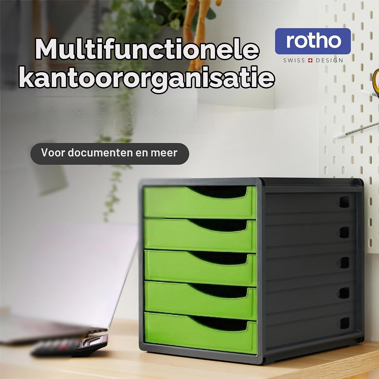 Rotho, Spacemaker, Ladebox / kantoorbox met 5 lades, Kunststof (PS) BPA-vrij, groen/zwart, 33,5 x 28,5 x 32,0 cm