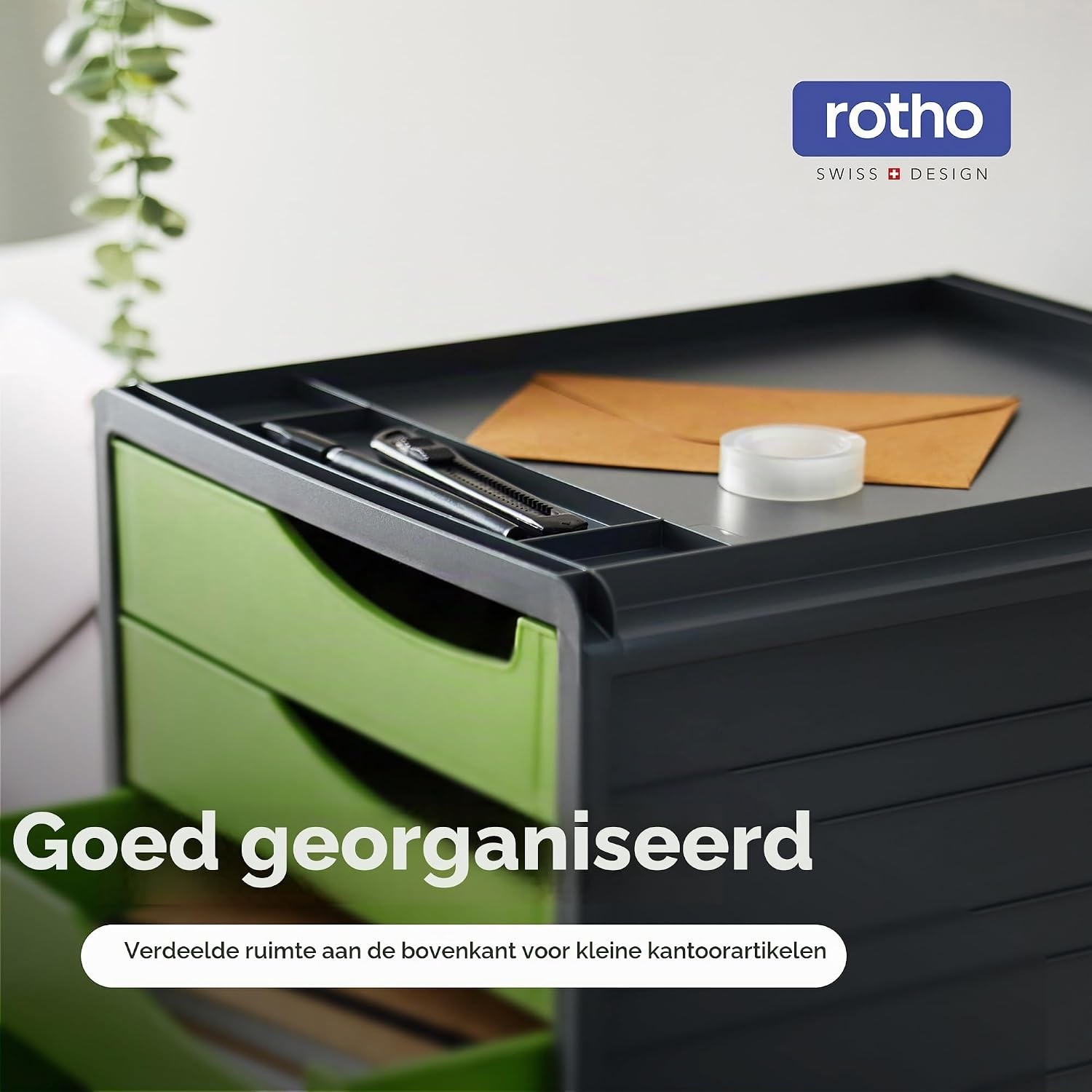 Rotho, Spacemaker, Ladebox / kantoorbox met 5 lades, Kunststof (PS) BPA-vrij, groen/zwart, 33,5 x 28,5 x 32,0 cm