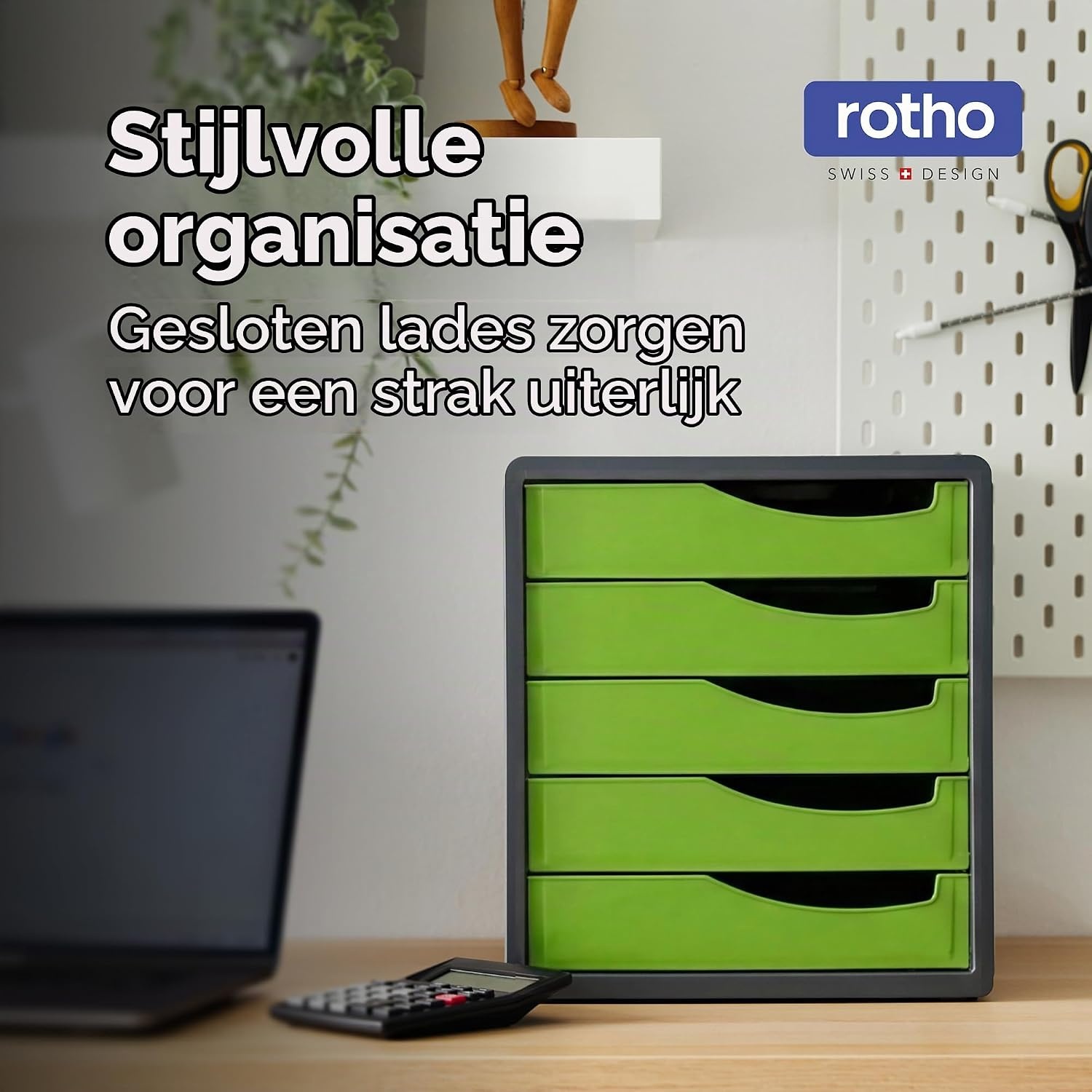 Rotho, Spacemaker, Ladebox / kantoorbox met 5 lades, Kunststof (PS) BPA-vrij, groen/zwart, 33,5 x 28,5 x 32,0 cm