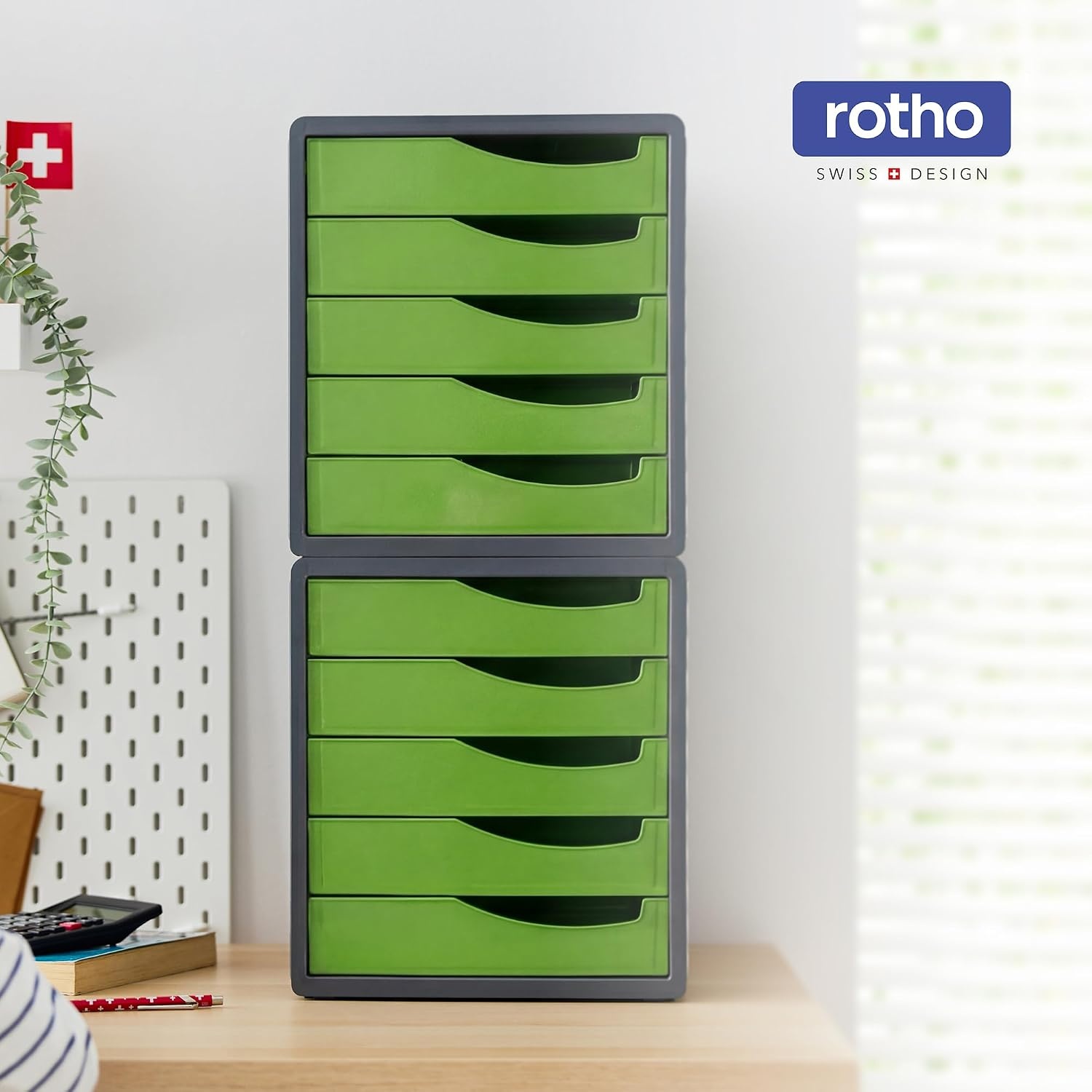 Rotho, Spacemaker, Ladebox / kantoorbox met 5 lades, Kunststof (PS) BPA-vrij, groen/zwart, 33,5 x 28,5 x 32,0 cm