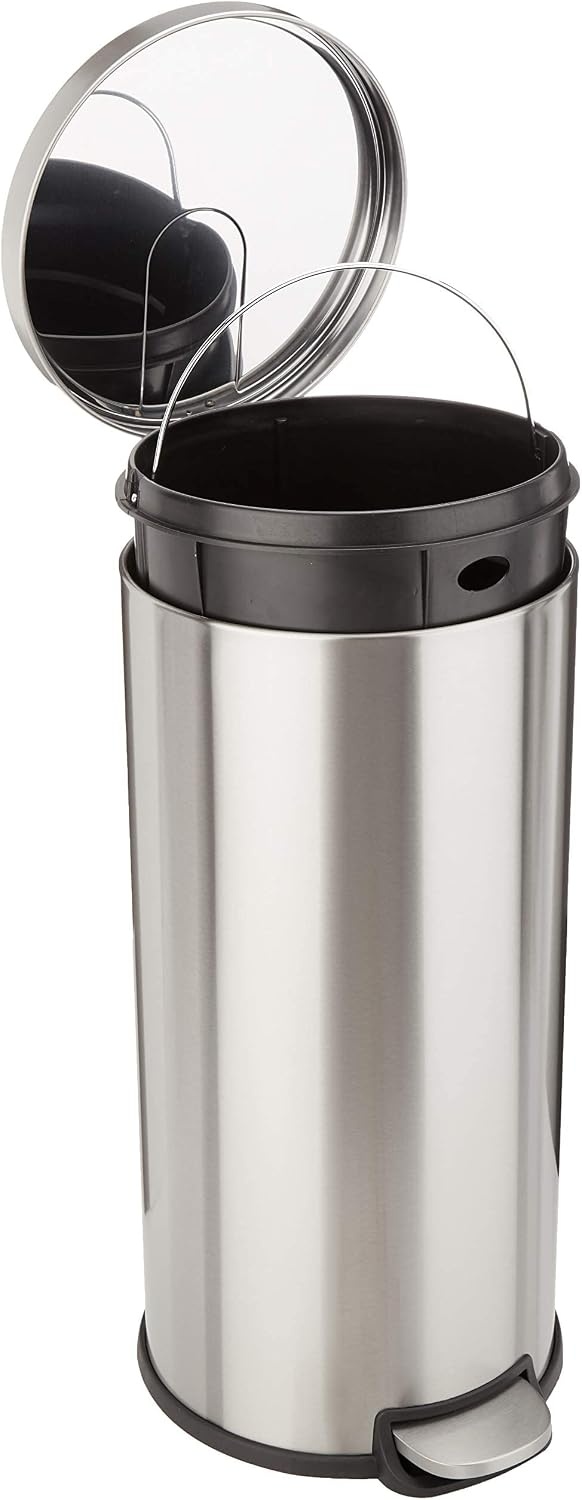 Amazon Basics Prullenbak, rond, cilindervormig, soft-close, 30 liter, geborsteld roestvrij staal - Maat 30 L
