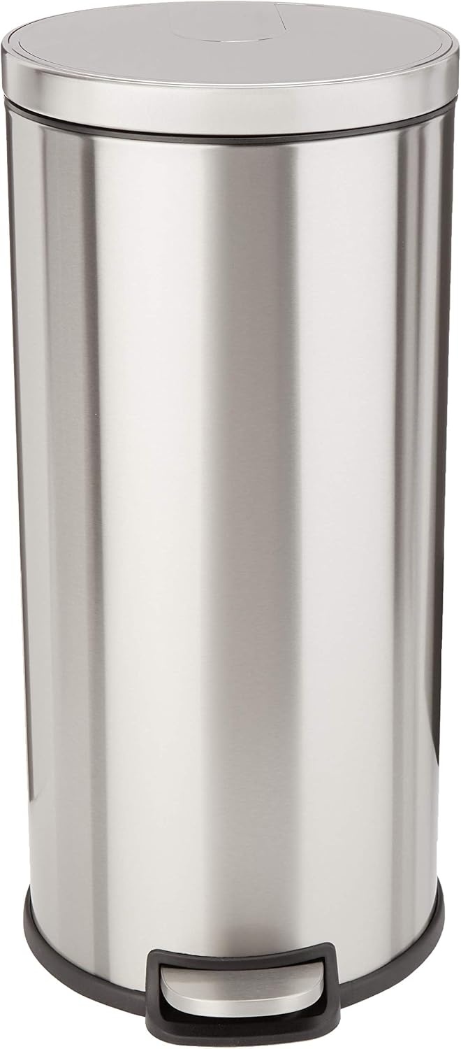 Amazon Basics Prullenbak, rond, cilindervormig, soft-close, 30 liter, geborsteld roestvrij staal - Maat 30 L