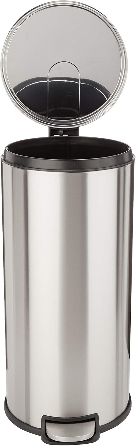 Amazon Basics Prullenbak, rond, cilindervormig, soft-close, 30 liter, geborsteld roestvrij staal - Maat 30 L