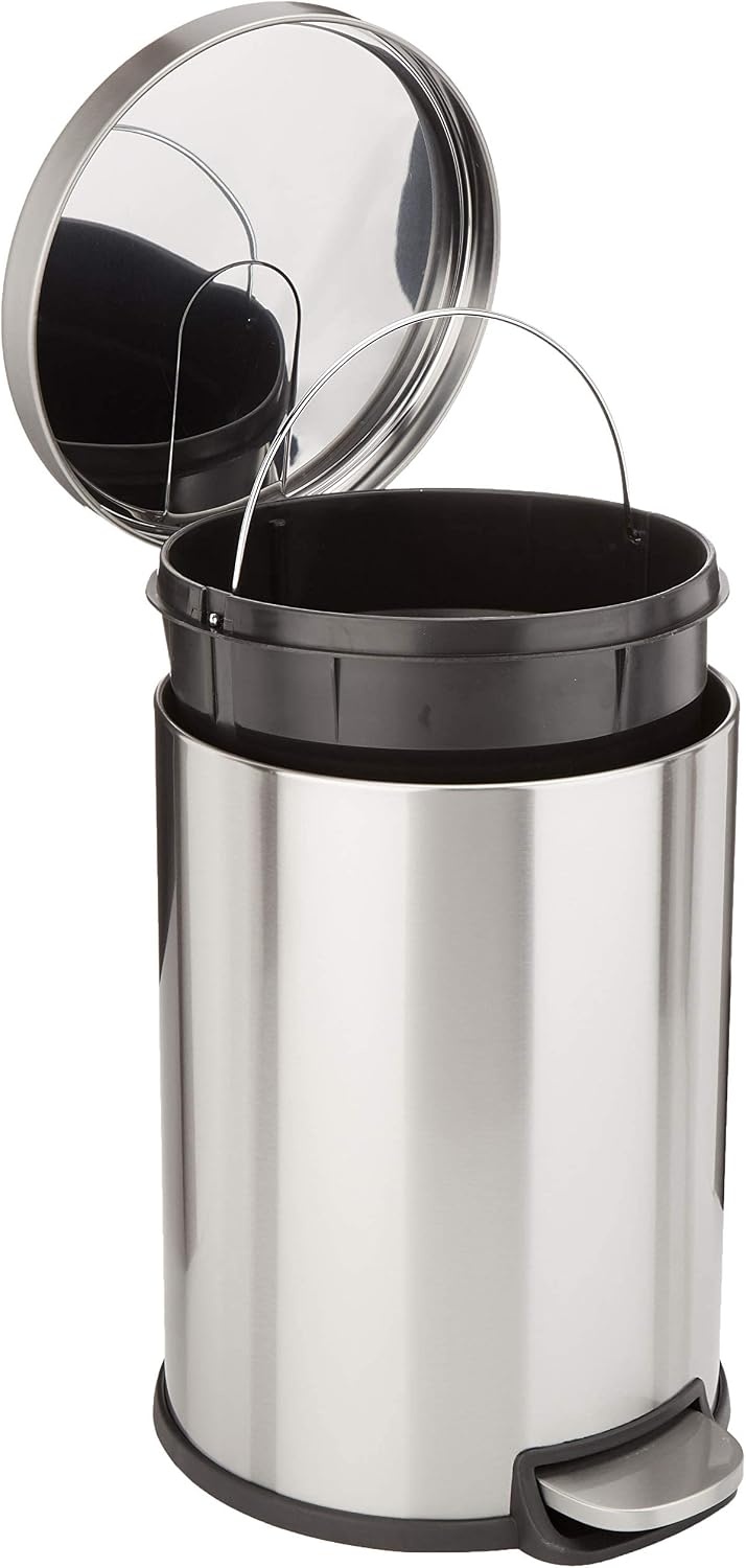 Amazon Basics Prullenbak, rond, cilindervormig, soft-close, 30 liter, geborsteld roestvrij staal - Maat 30 L