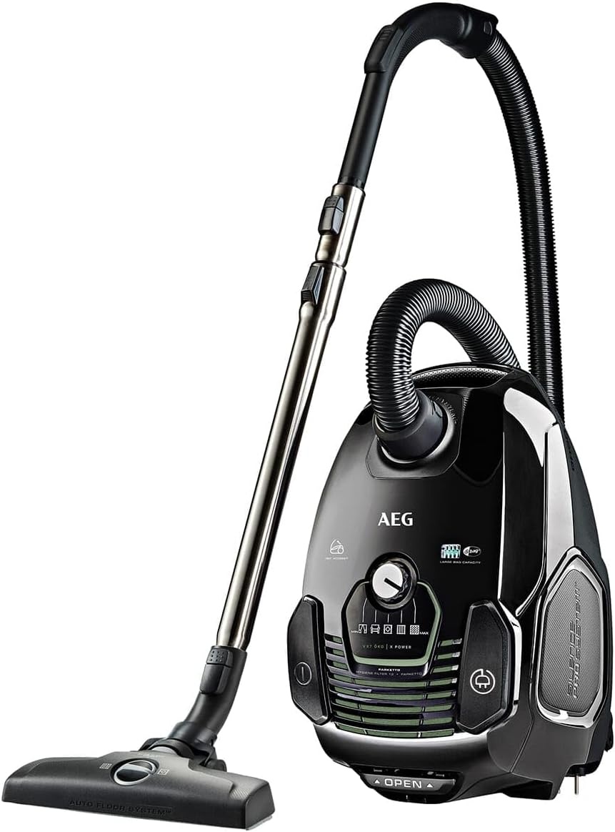 AEG Stofzuiger met Zak, VX7-2-X-Nieuwe technische versie, Zuigkrachtregeling, Parkeerfunctie, 3in1 multifunctioneel mondstuk, Hygiënefilter wasbaar, 70 dB, Zwart