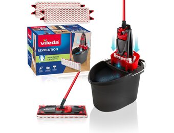 Vileda Revolution Box, vloerwassysteem met emmer en platte plaat, 2 doeken van microvezel, voor alle vloertypes, handvat 3 stuks, zwart/rood, 40 x 28,3 x 28,5 cm, 1,53 kg