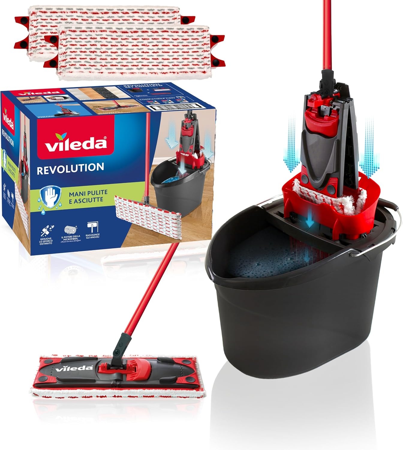 Vileda Revolution Box, vloerwassysteem met emmer en platte plaat, 2 doeken van microvezel, voor alle vloertypes, handvat 3 stuks, zwart/rood, 40 x 28,3 x 28,5 cm, 1,53 kg