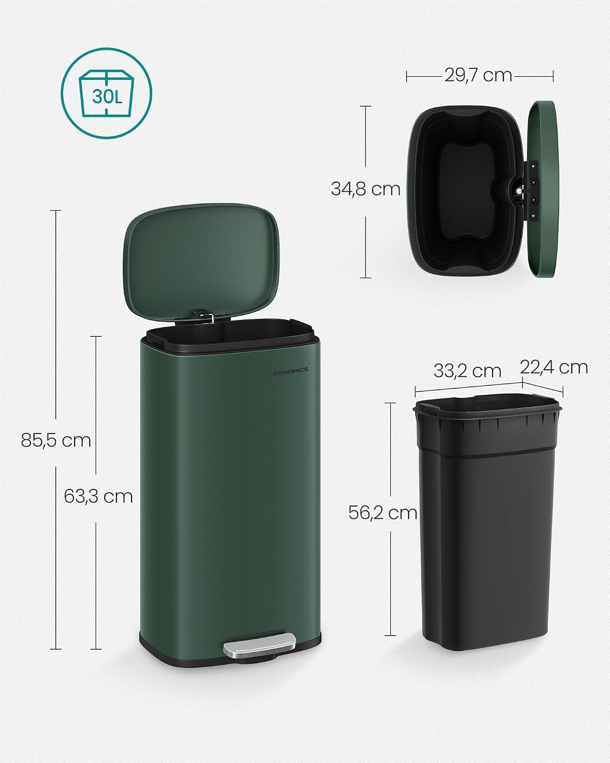 SONGMICS keukenprullenbak, 30 liter, met softclose deksel en binnenemmer