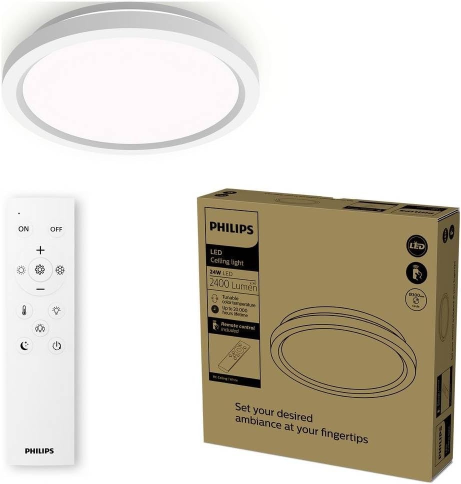 Philips LED Plafondlamp 30 cm met Afstandsbediening - Dimbaar en Instelbaar Wit Licht - Rond Wit